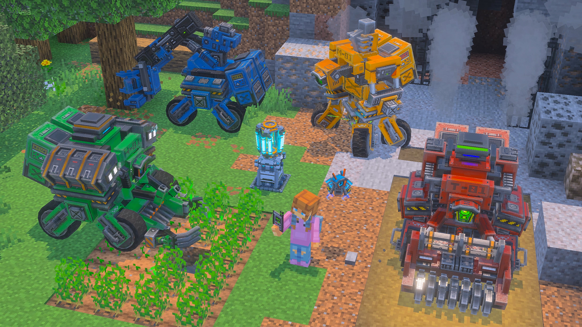 Mining and utility mechs gathered at a forest base
