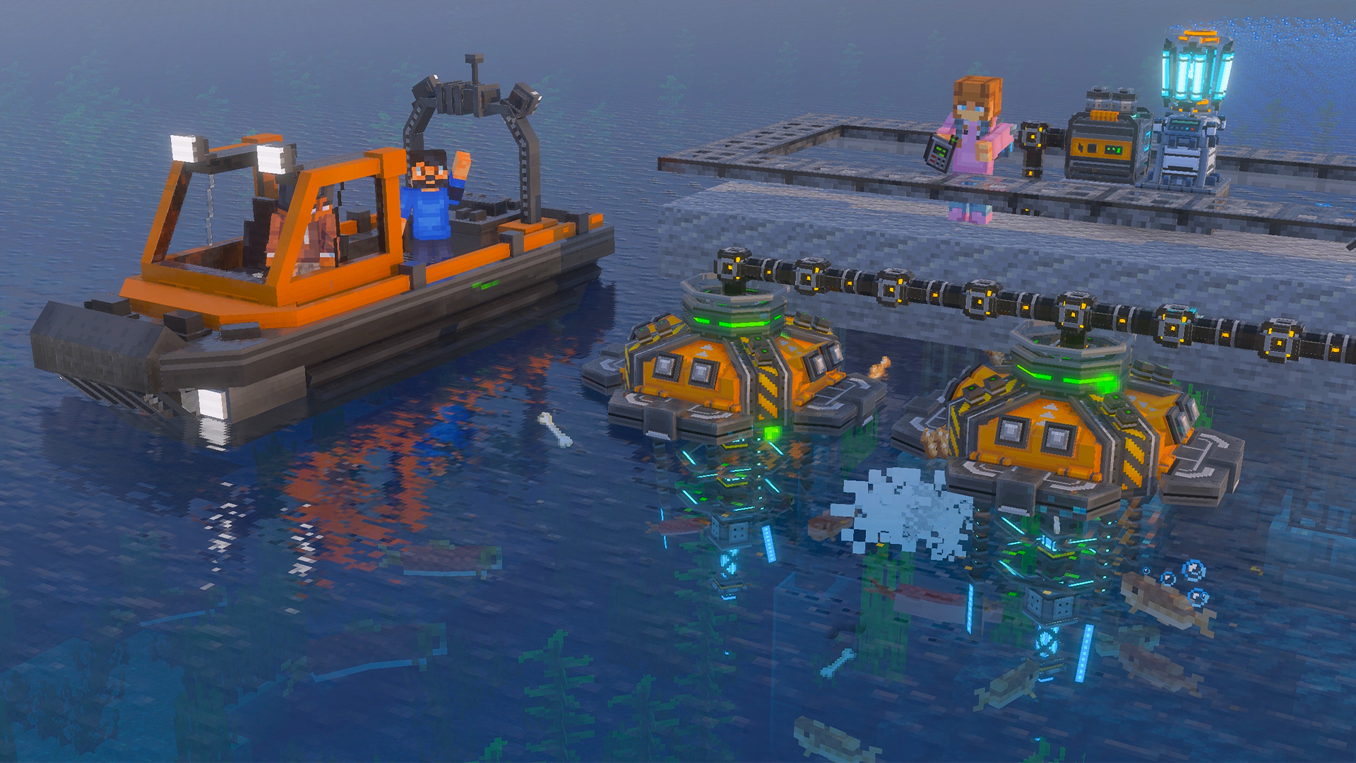 An industrial boat beside floating fisher pods at dusk
