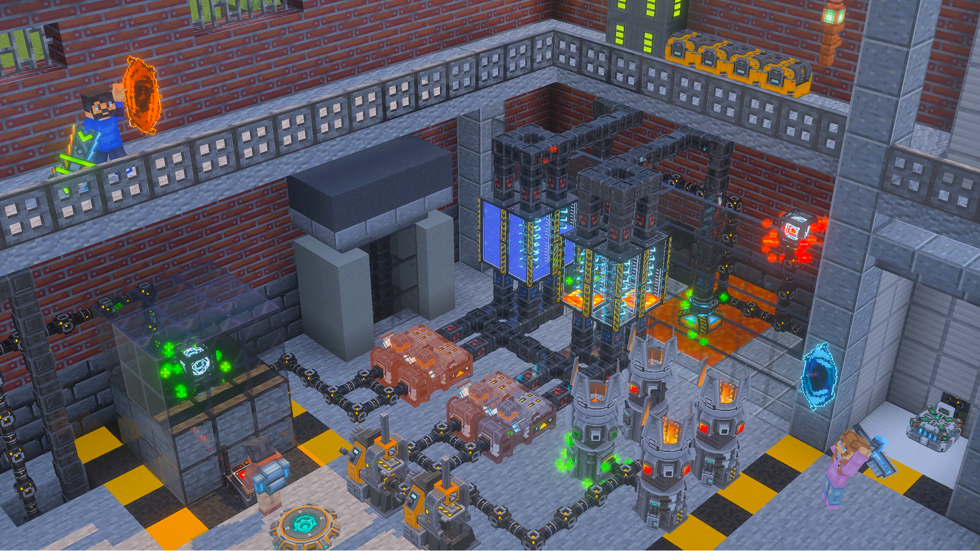 An automated factory wired with pipes, machines and portals