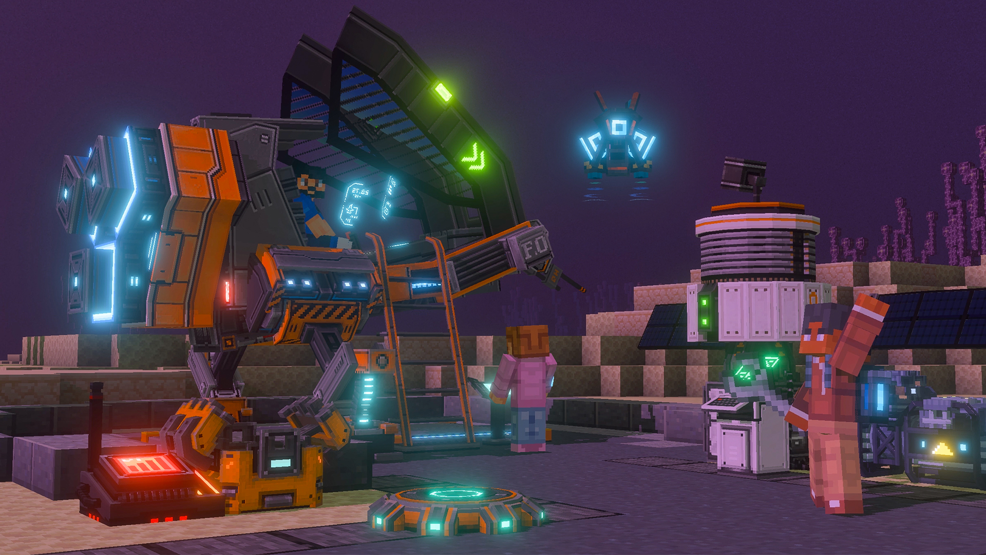 An industrial base at night with mechs, drones and solar panels